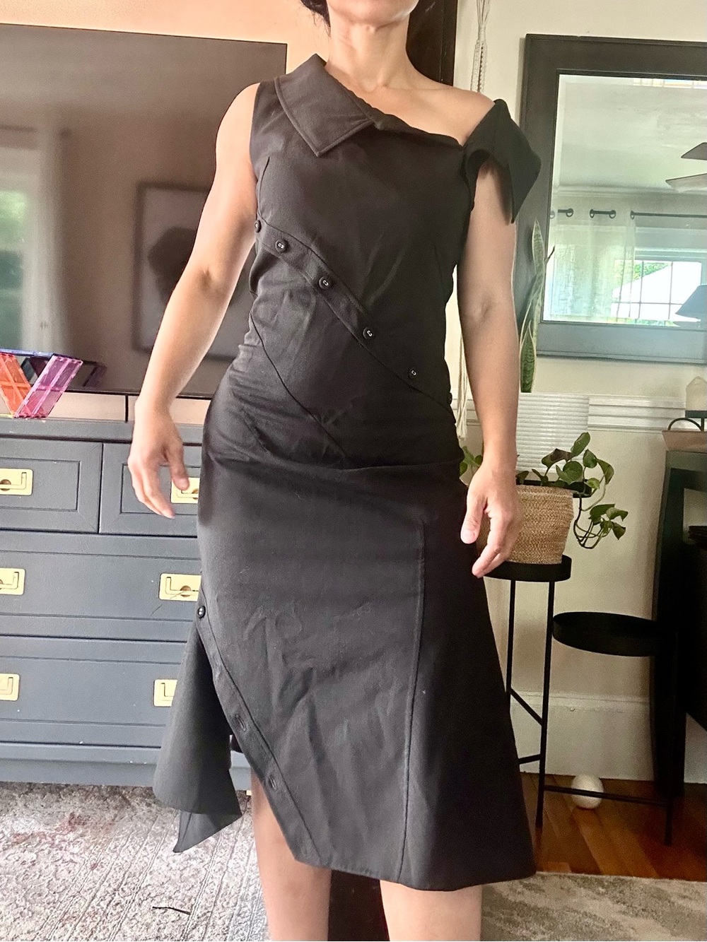 MONSE 96% Virgin Wool Black One-Shoulder Asymmetric Dress